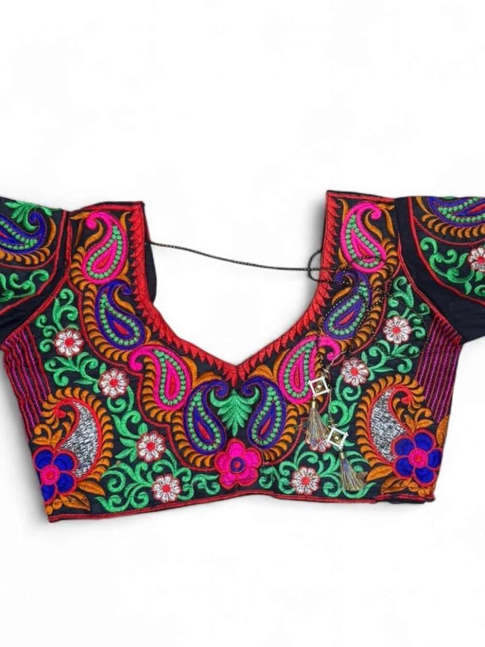 Embroidered Multicolor Saree crop top Kutchi V-Neck Traditional India Boho choli